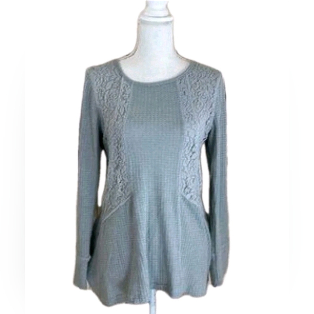 nwt HANNAH‎ size Large Floral Lace Waffle Knit Flowy Boho Thermal Shirt Blue